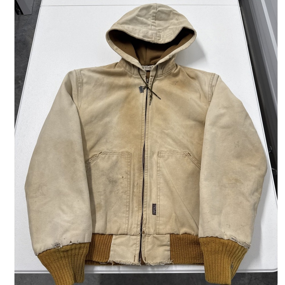 Carhartt style Walls Workwear Hooded Jacket Tan Canvas Sherpa Lined Mens S